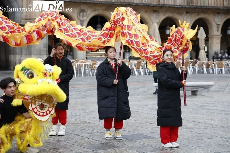 Pasacalles ‘Baile del dragón y leones’ por la Plaza Mayor. Fotos: David Sañudo