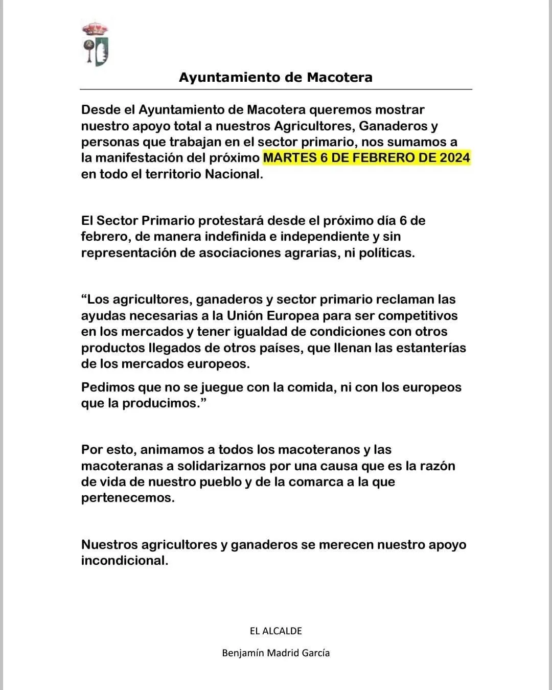 Foto 5 - Ayuntamientos y empresas muestran su total apoyo a las protestas de agricultores y ganaderos 
