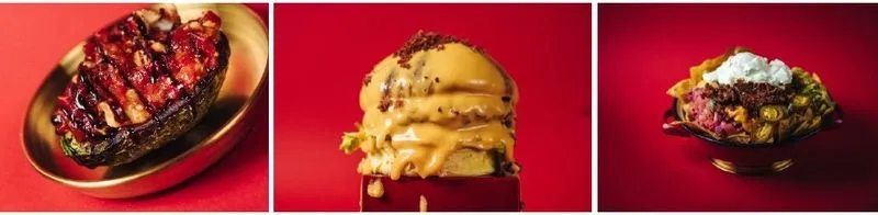 De izquierda a derecha: Aguacate a la brasa, Bacon Cheese Burger y Nachos con pulled pork de Berty's Burger