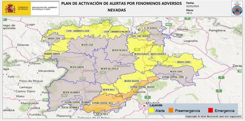 Mapa de alertas. Imagen: Delegación del Gobierno en Castilla y León.