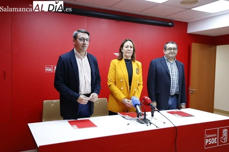 Los procuradores del PSOE por Salamanca, Fernando Pablos, Rosa Rubio y Juan Luis Cepa, en la rueda de prensa de este martes. Foto de David Sañudo
