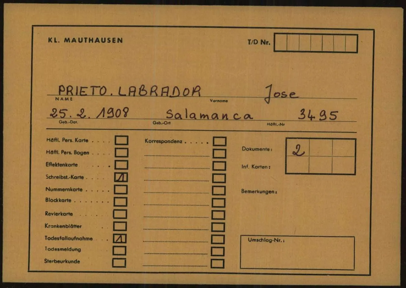 Ficha del salmantino José Prieto Labrador en el campo de concentración nazi de Mauthausen