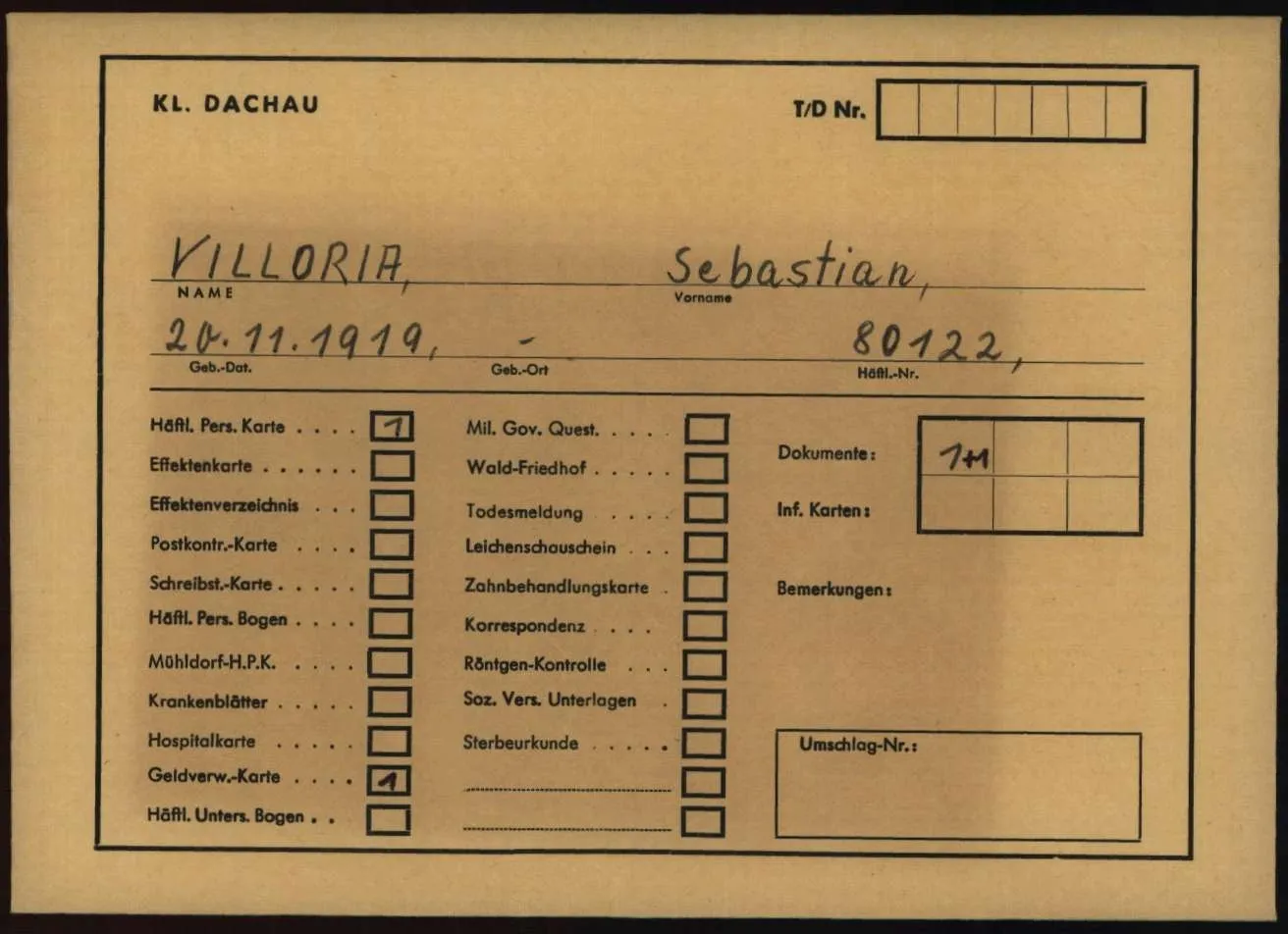 Ficha del salmantino Sebastián Villoria Santiago, que terminó sus días asesinado en el campo de concentración de Dachau (Alemania)