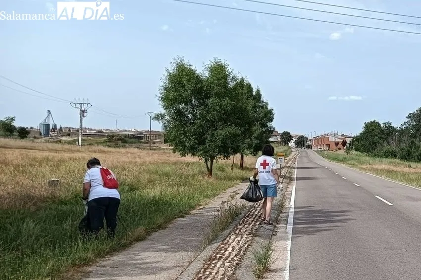 Recogida de basura en el entorno de la plaza de toros de Vitigudino por personas voluntarias de Cruz Roja 