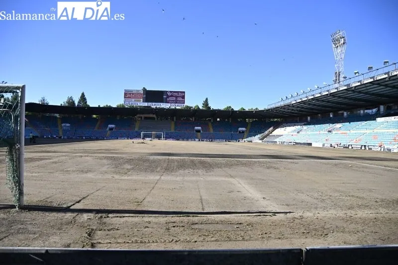 Interior del estadio Helmántico, sin césped, por la renovación del mismo de cara a la próxima temporada