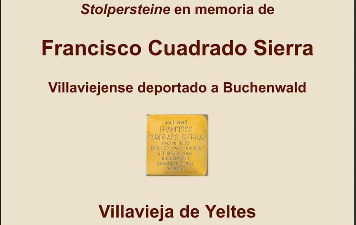 Placa del Stolpersteine que se colocará en Villavieja de Yeltes en memoria de Francisco Cuadrado Sierra
