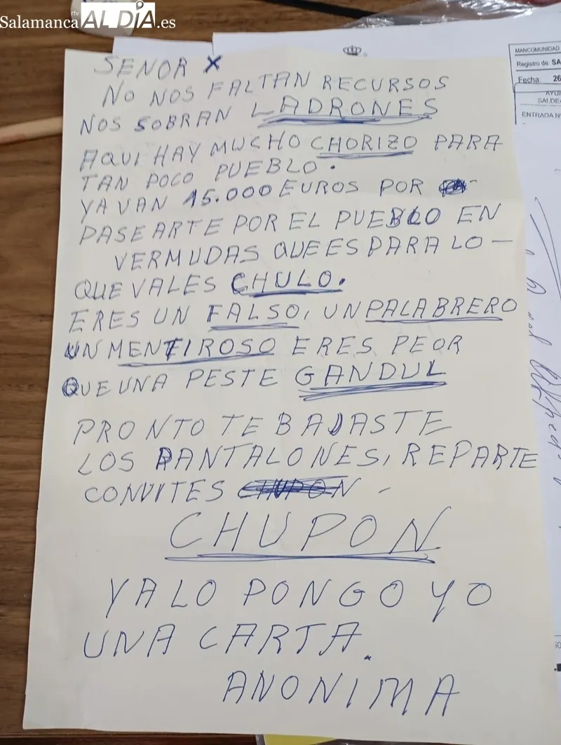 Uno de los anónimos recibidos por el alcalde