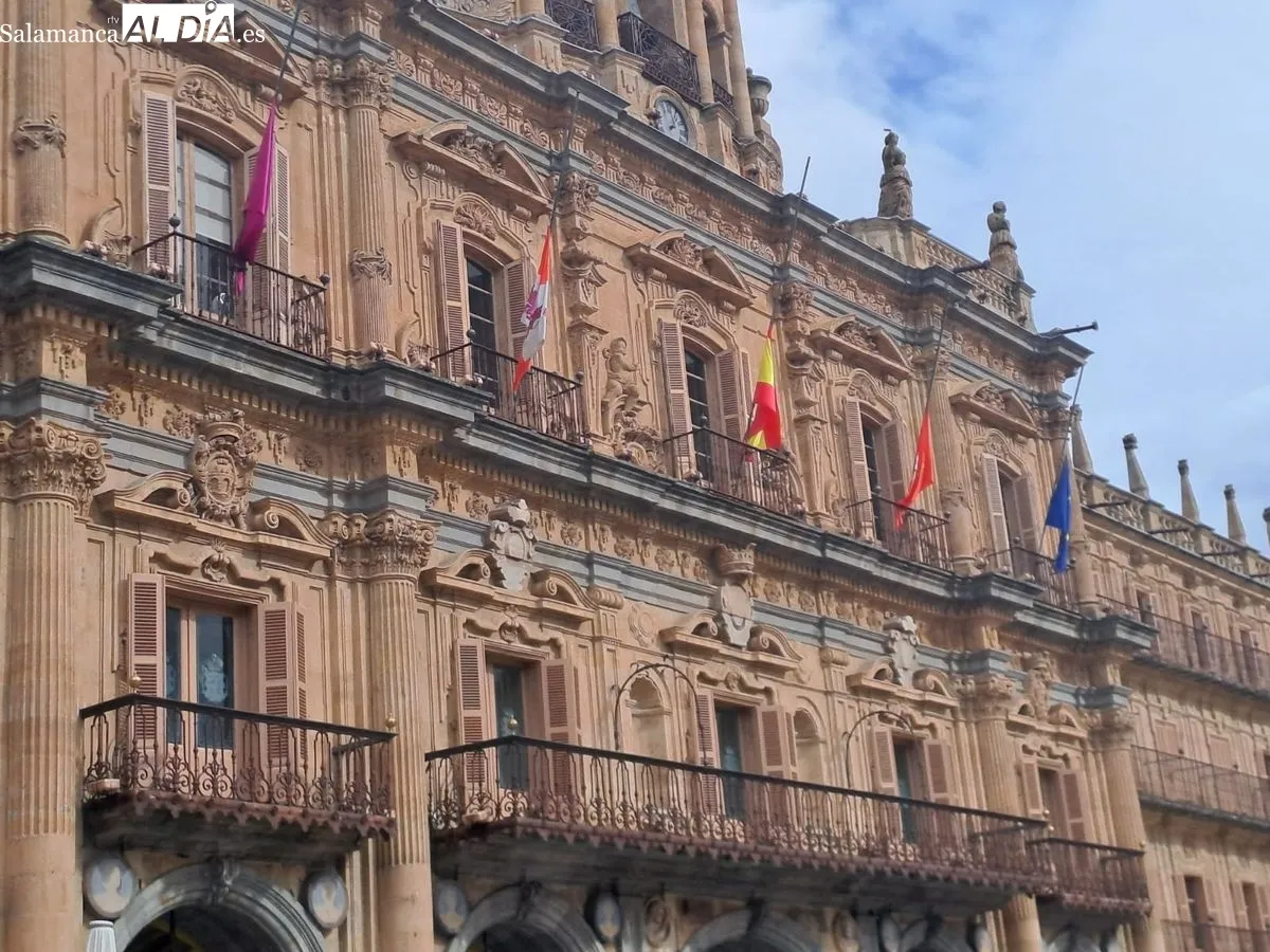 Banderas a media asta en la Plaza Mayor. Foto de Víctor Jiménez