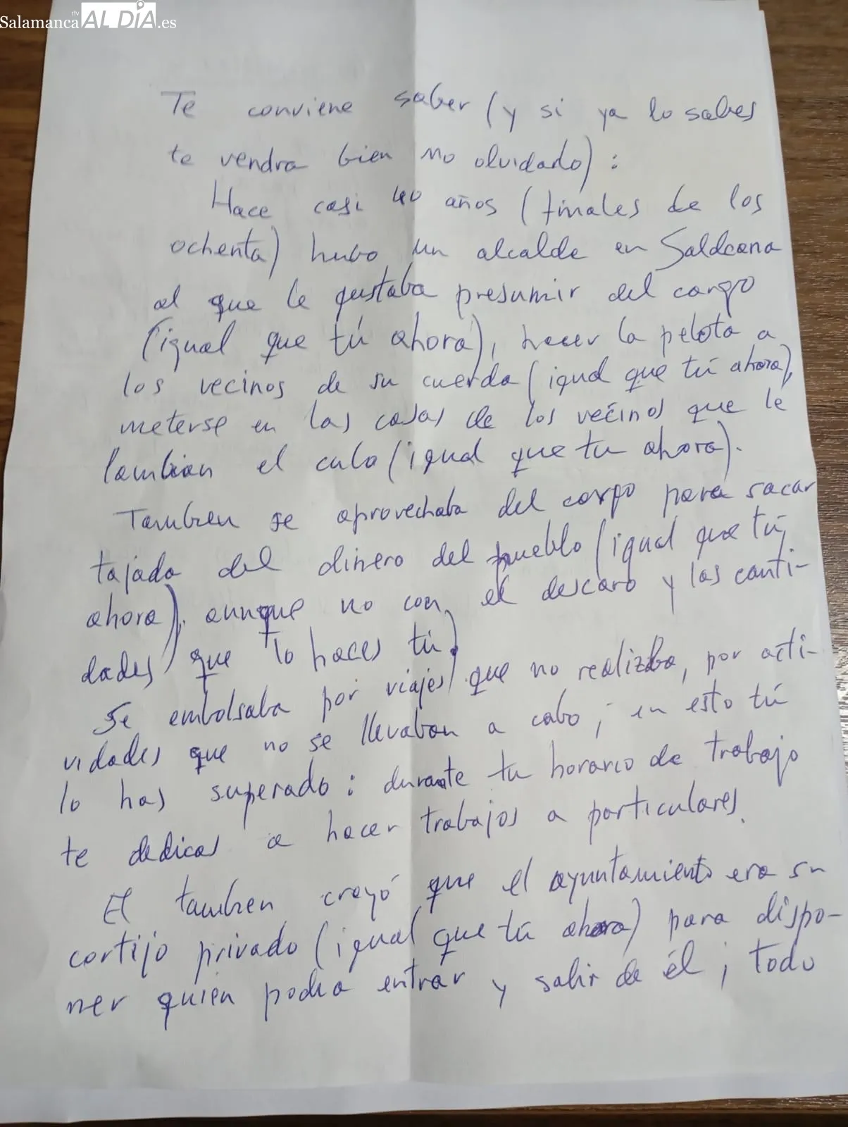 Escrito acosador al alcalde de Saldeana