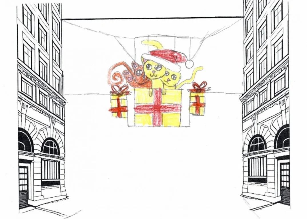 Imagen de las pruebas de alumbrado en la calle Toledo, junto con los niños premiados y varios de sus diseños