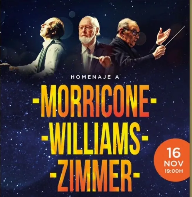 Cartel del concierto homenaje de la Royal Film Concert Orchestra a los grandes compositores de la música de cine: Ennio Morricone, Hans Zimmer y John Williams