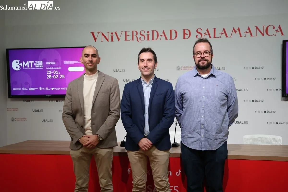 El vicerrector de TRansferencia de la USAL, Federico Bueno de Mata; el director del Servicio de Producción e Innovación Digital, Raúl Rivas; y el subdirector de la Escuela de Doctorado, Mario Amado, presentaron el concurso. Foto D.S.