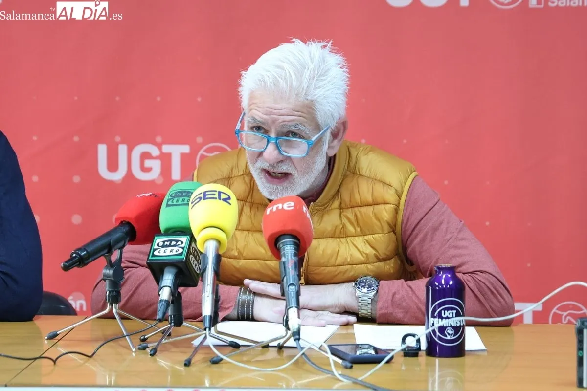 Rueda de prensa de esta mañana en Salamanca con Marcelino Muñoz García, secretario General de UGT Salamanca. Foto de David Sañudo