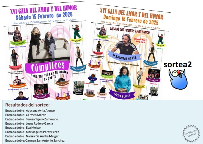 Ganadores de las 8 entradas dobles gratis para la XVI Gala del Amor y del Humor de Salamanca