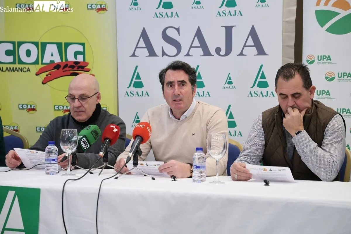 Rueda de prensa, este viernes, de las tres organizaciones agrarias, Asaja, COAG y UPA, en Salamanca. Foto de David Sañudo