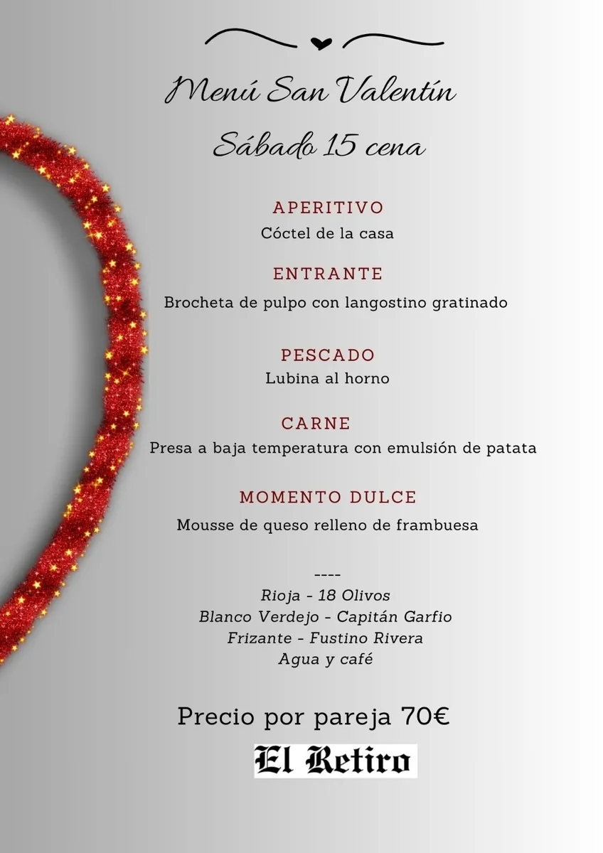 Menú especial San Valentín en El Retiro