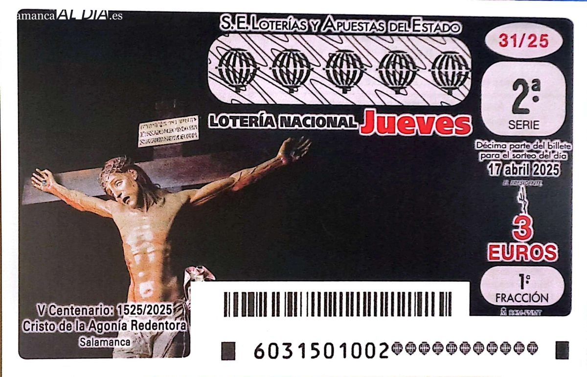La imagen del Cristo de la Agonía de Salamanca, protagonista de la Lotería Nacional