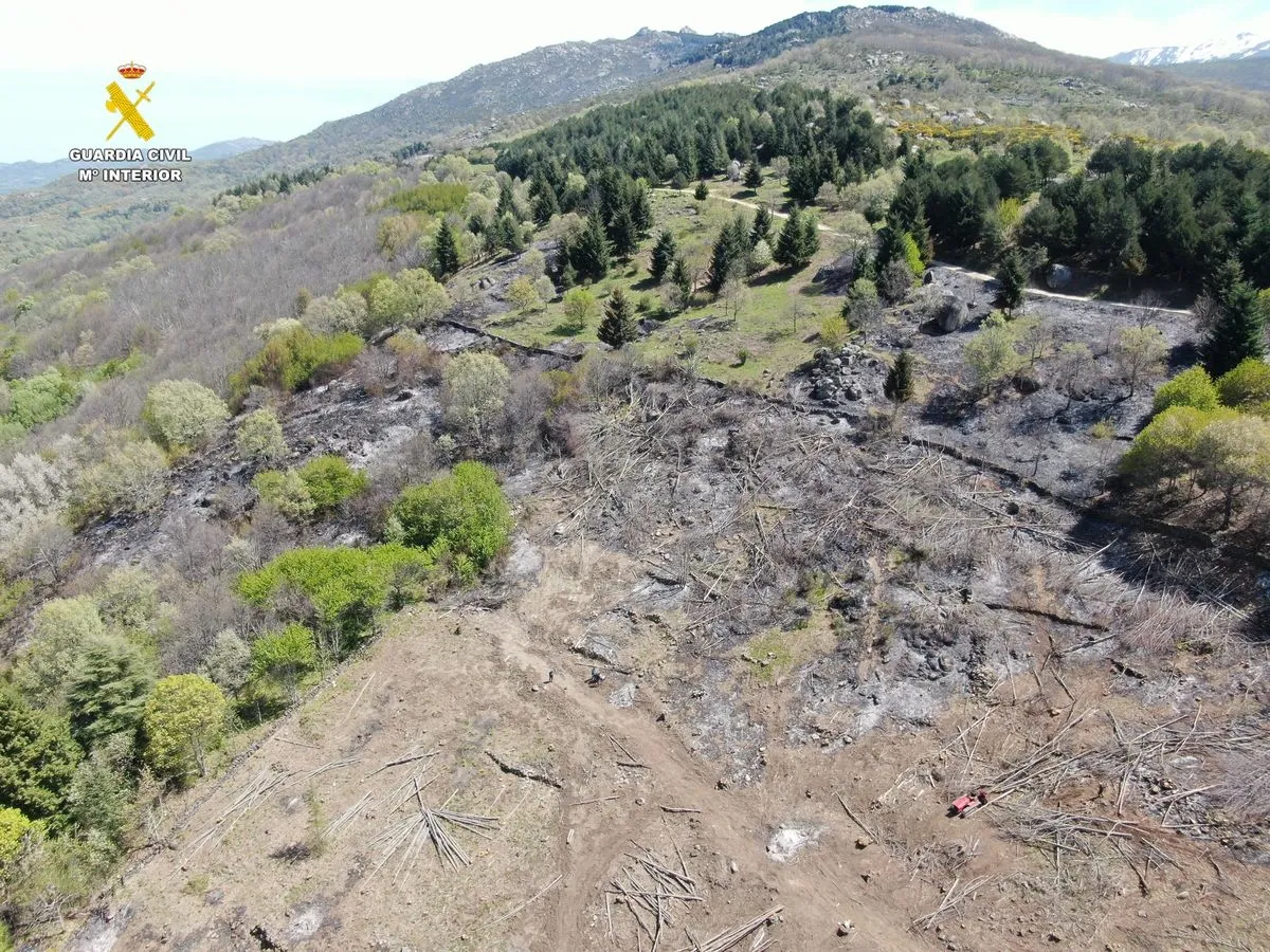 Incendio forestal en Puerto de Béjar tras una presunta negligencia en una quema de rastrojos. Foto cedida por la Guardia Civil