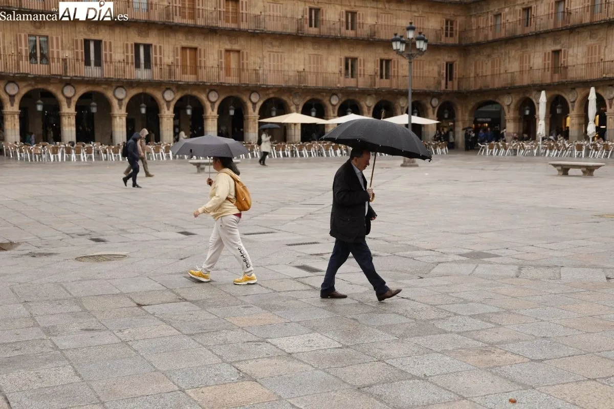 Viandantes con paraguas este viernes en Salamanca. Foto de David Sañudo