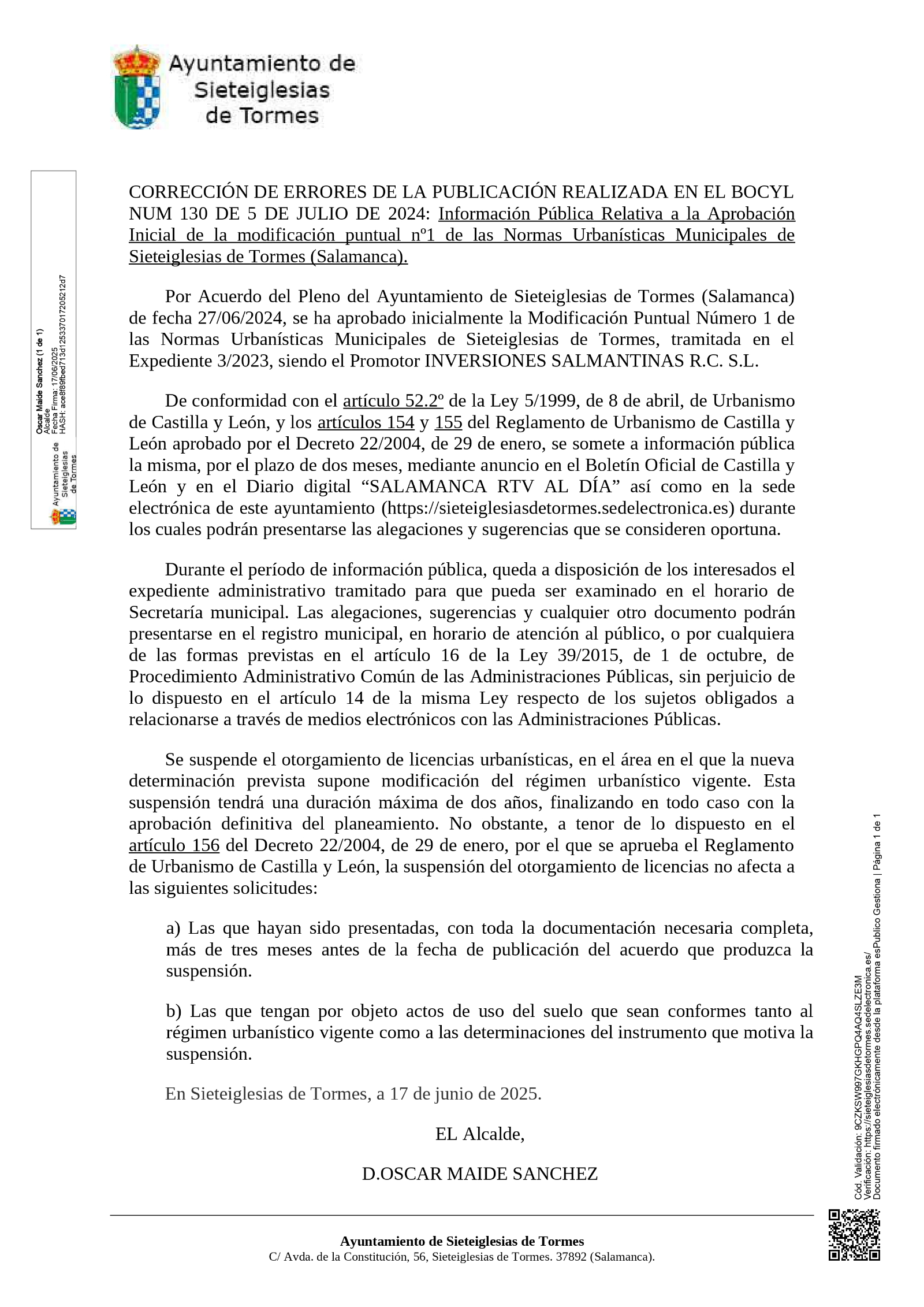 Corrección de errores: Ayuntamiento de Sieteiglesias de Tormes