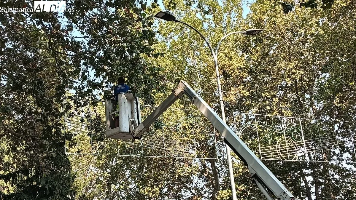 Instalación de la luces que adornarán durante las Fiestas de Salamanca el Recinto Ferial de la Aldehuela. Foto T. Sánchez
