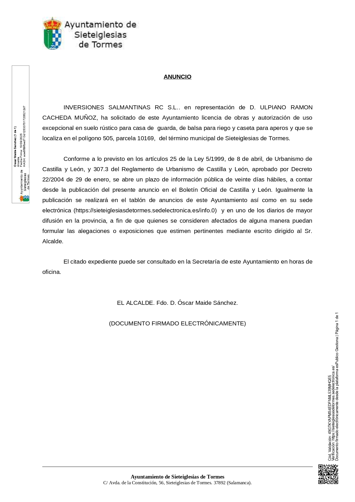 Anuncio: Ayuntamiento de Sieteiglesias de Tormes