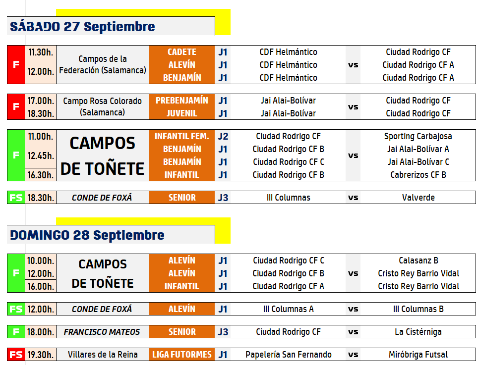 /AD 27-28 SEP/ 11 equipos del Ciudad Rodrigo y los 2 alevines del III Columnas debutan este finde