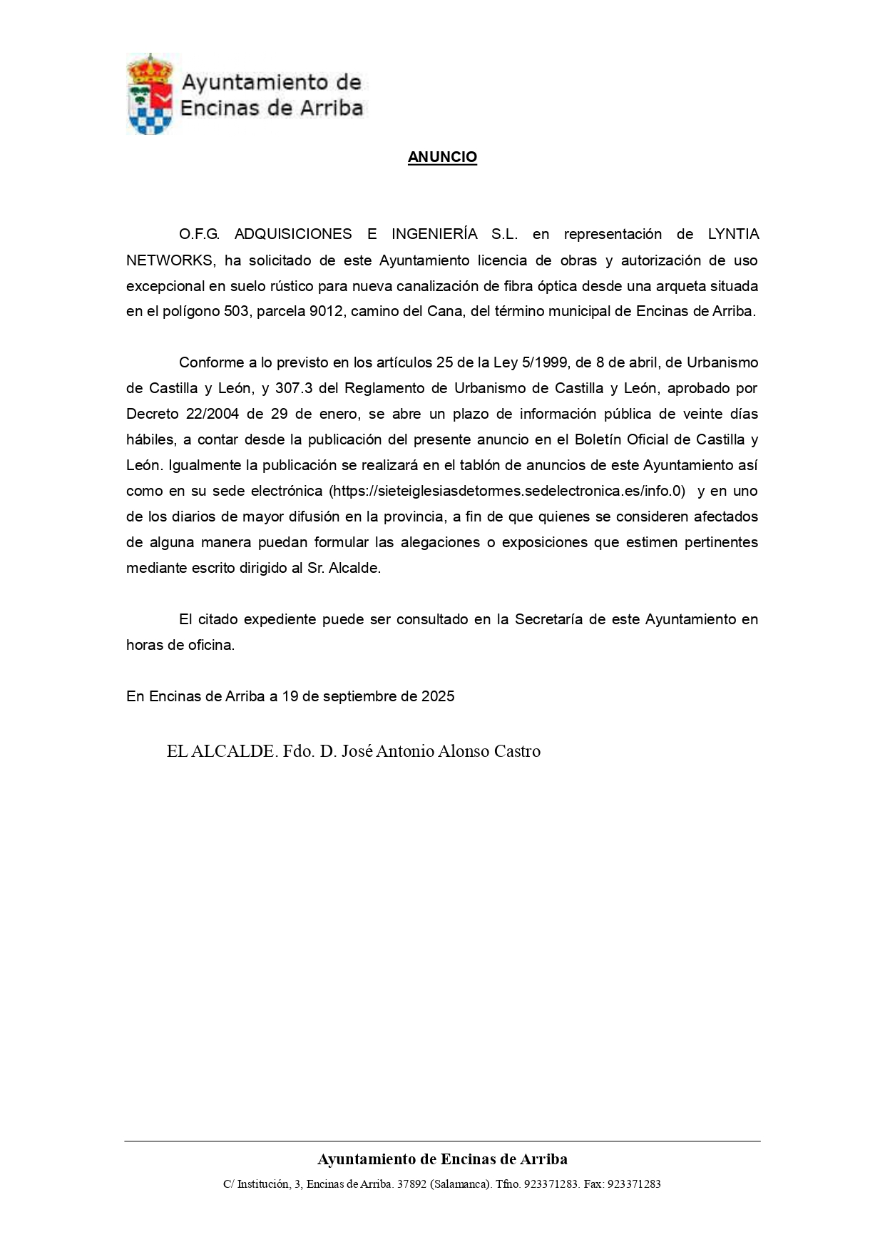 Anuncio Ayuntamiento de Encinas de Arriba