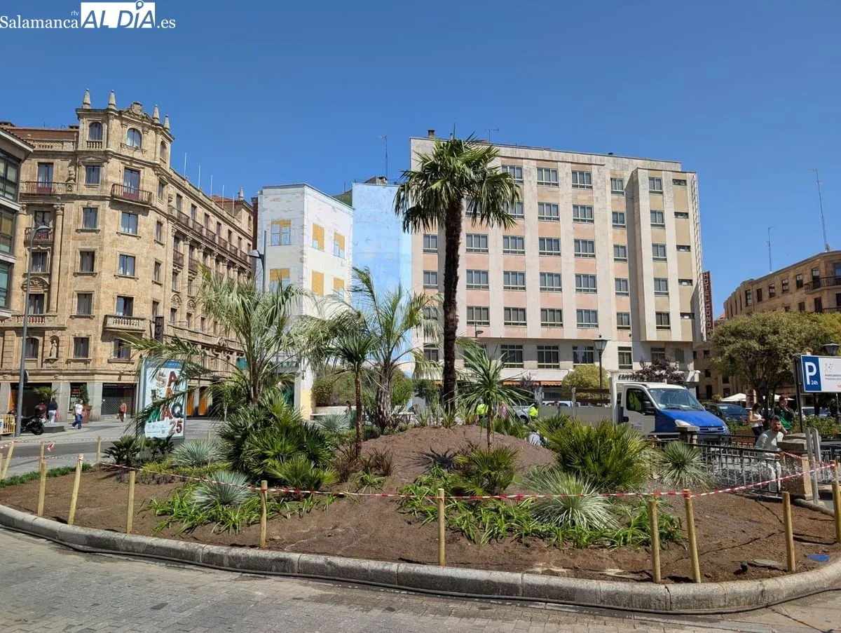 Nueva imagen de la plaza de Santa Eulalia con 1.105 plantas arbustivas y 16 palmeras. Fotos: David Sañudo
