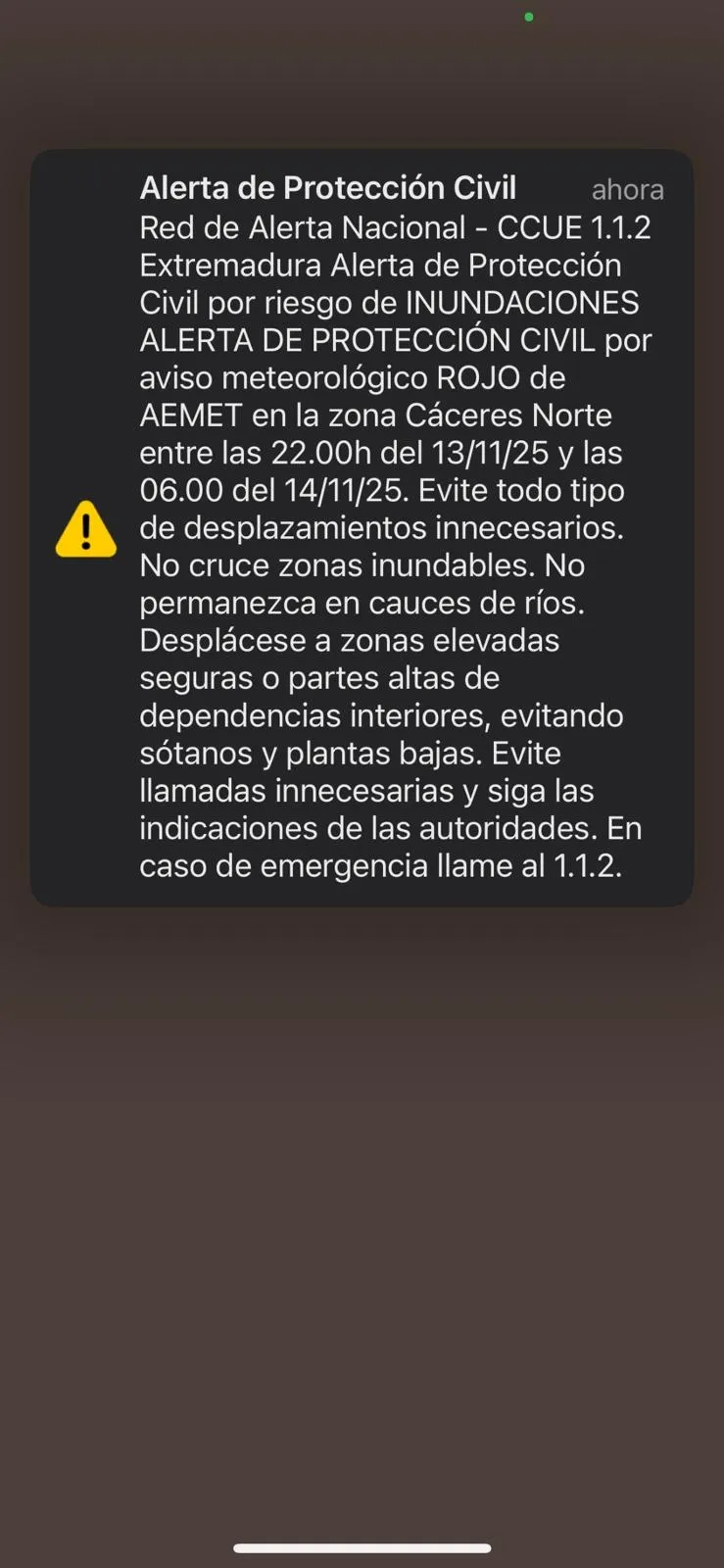 Alerta de emergencia q han recibido los habitantes del norte de Cáceres.