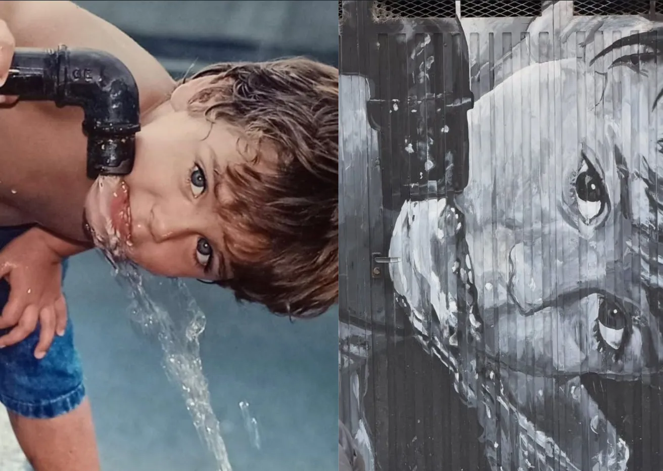 Fotografía de Ander de pequeño. Al lado, el mural que recrea esa fotografía | FOTOS: Perfil de Instagram de @anderarteagabeitia