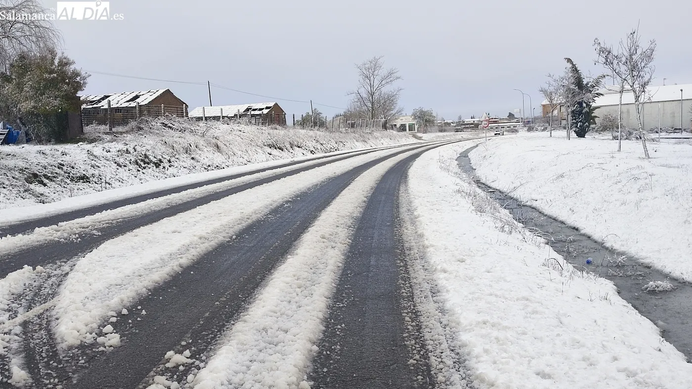 Paso con nieve de la borrasca Kristin por la comarca de Vitigudino / CORRAL 