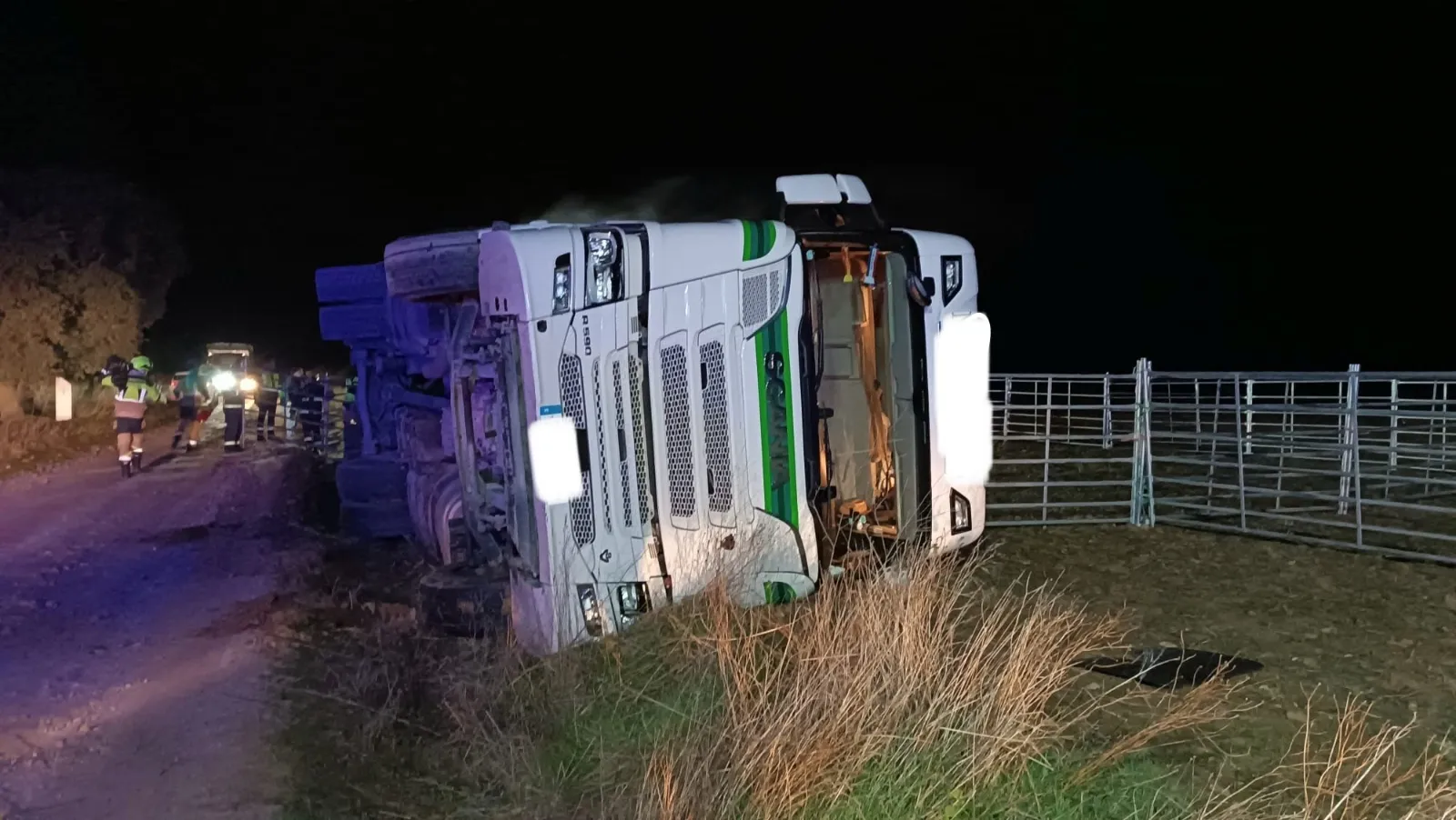 Los bomberos excarcelan al conductor de un camión de animales que vuelca en Alba de Tormes