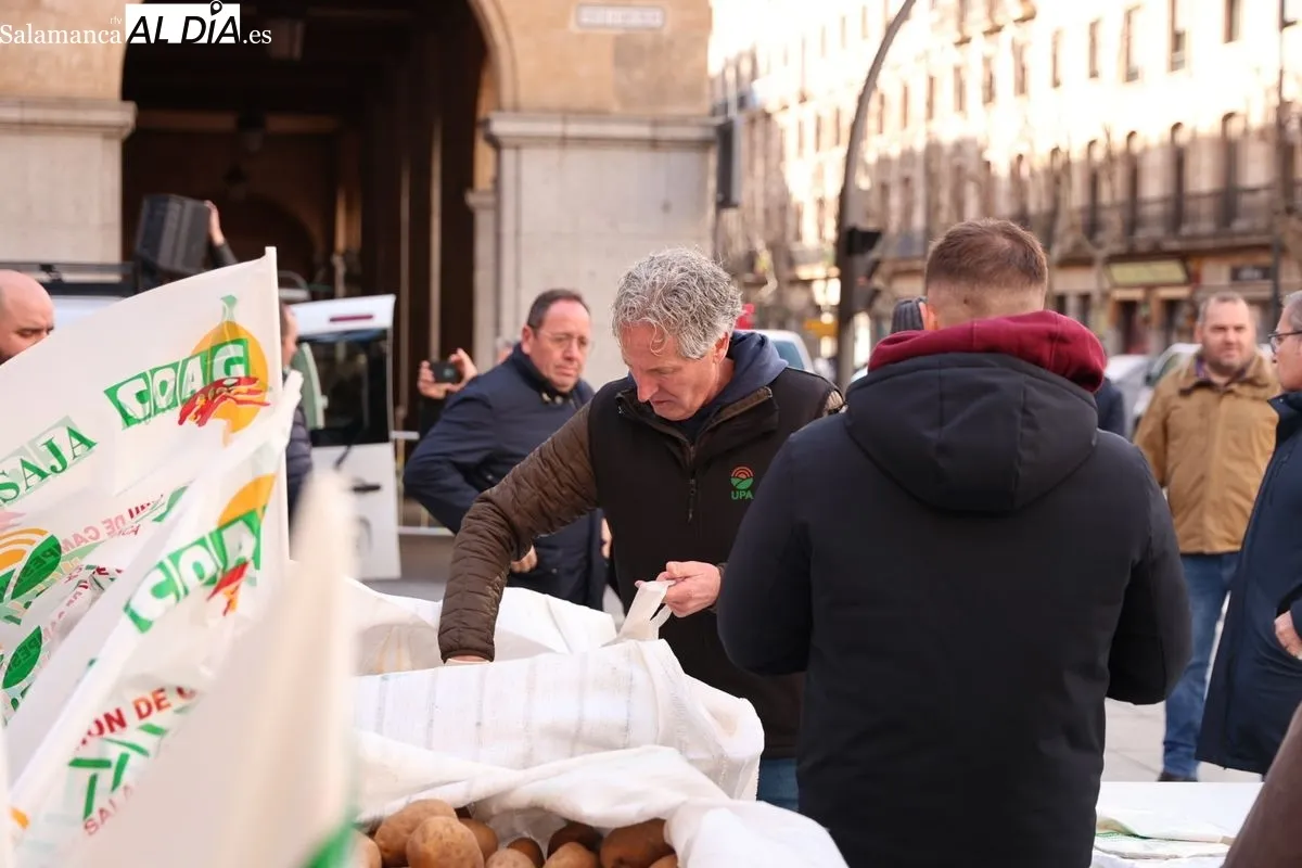 Reparto de patatas gratis en el centro de Salamanca para reivindicar la defensa de los productos locales. Foto de David Sañudo