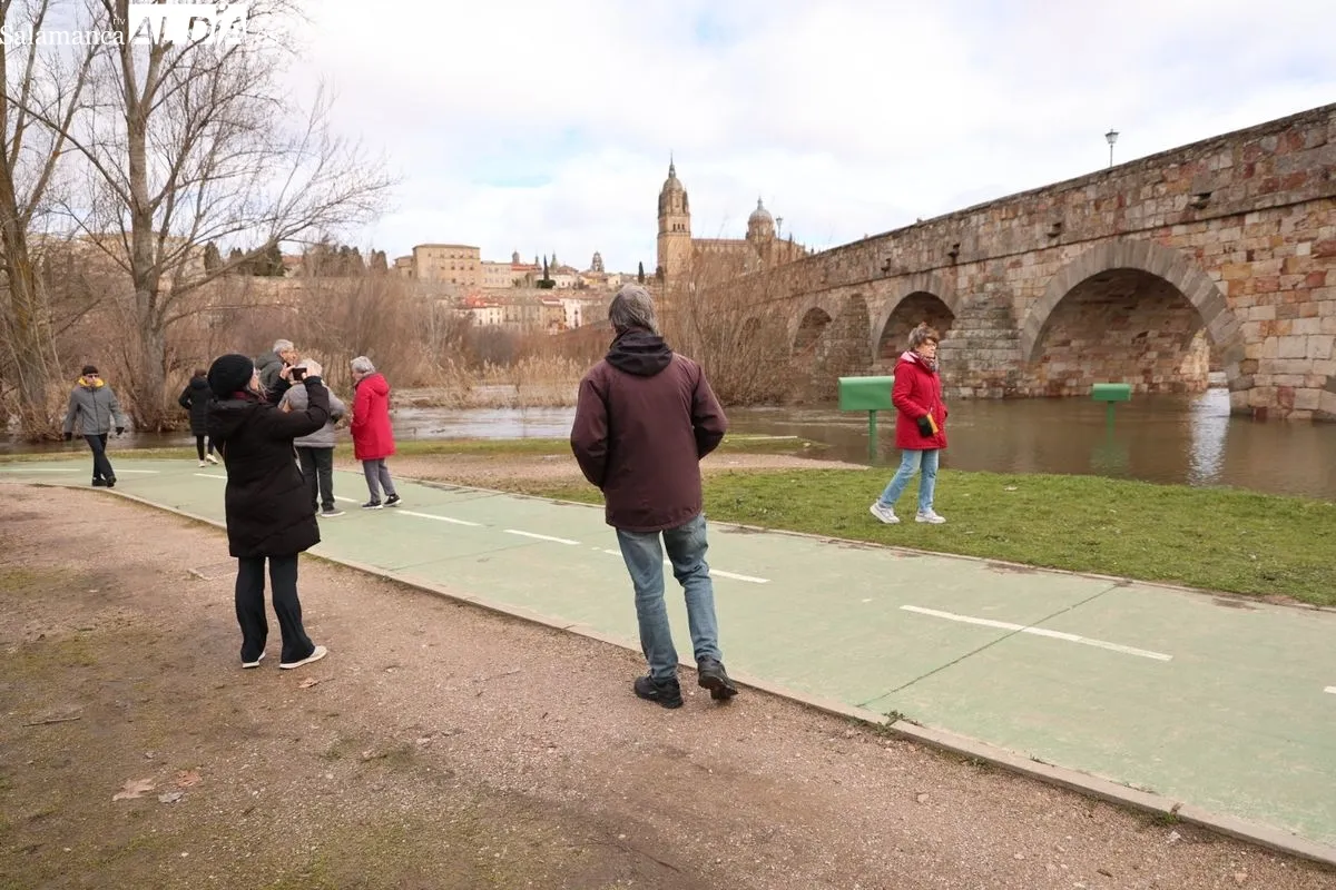Ambiente en Salamanca este domingo, en el que numerosas personas se han acercado al Puente Romano para ver la crecida del río