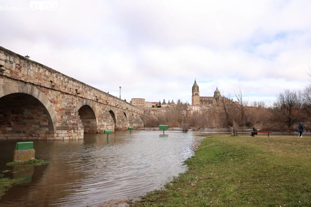 Ambiente en Salamanca este domingo, en el que numerosas personas se han acercado al Puente Romano para ver la crecida del río