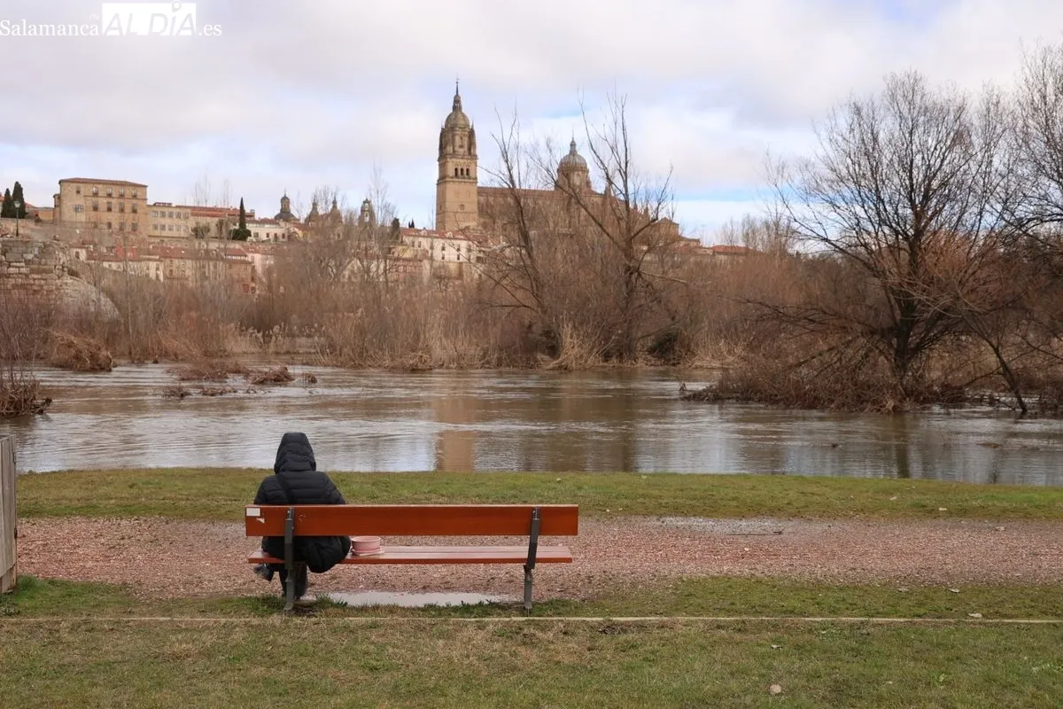 Ambiente en Salamanca este domingo, en el que numerosas personas se han acercado al Puente Romano para ver la crecida del río