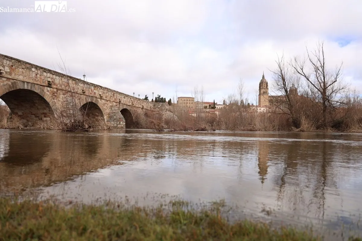 Ambiente en Salamanca este domingo, en el que numerosas personas se han acercado al Puente Romano para ver la crecida del río