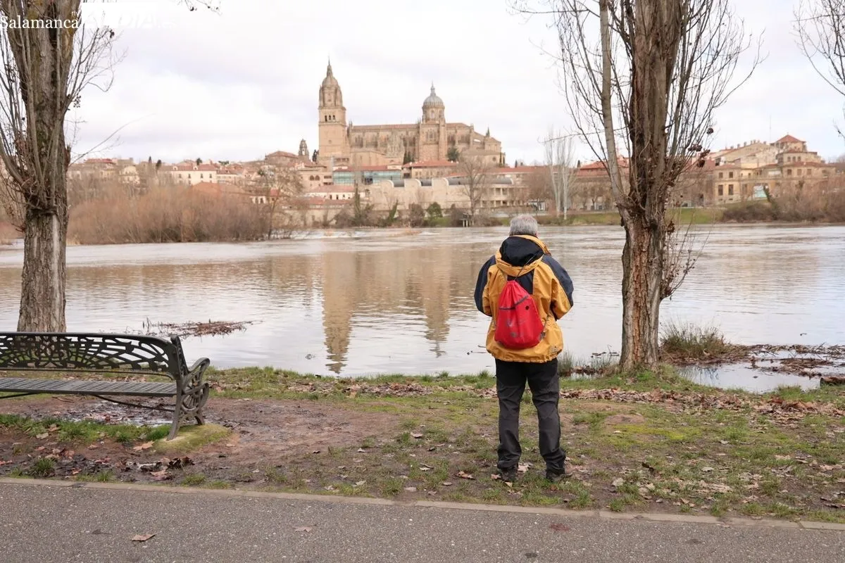 Ambiente en Salamanca este domingo, en el que numerosas personas se han acercado al Puente Romano para ver la crecida del río