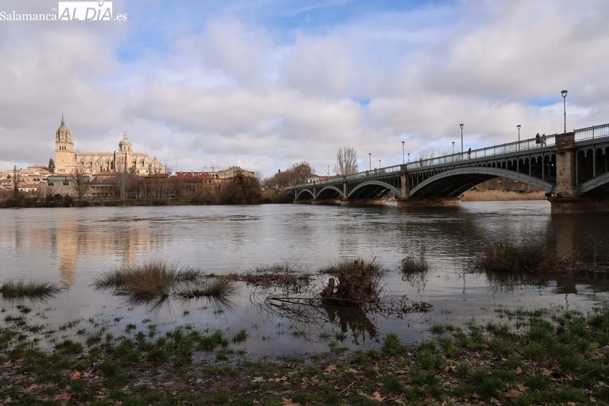 Ambiente en Salamanca este domingo, en el que numerosas personas se han acercado al Puente Romano para ver la crecida del río
