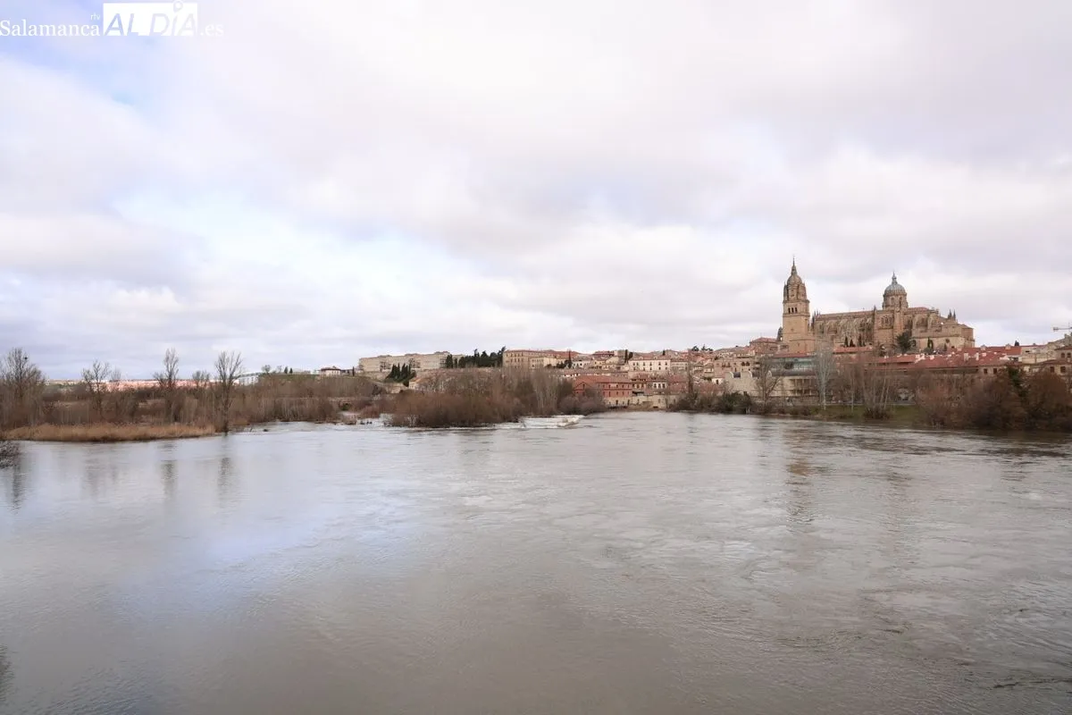 Ambiente en Salamanca este domingo, en el que numerosas personas se han acercado al Puente Romano para ver la crecida del río
