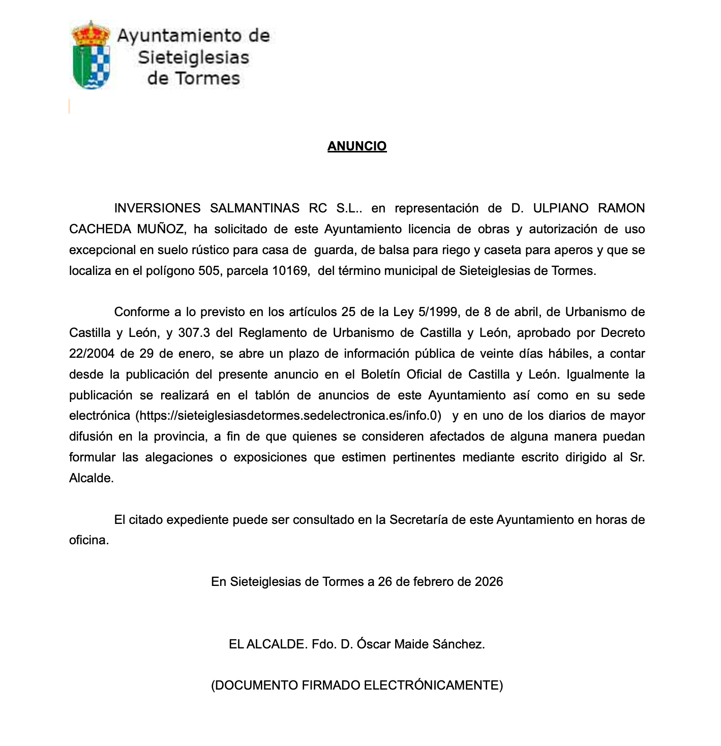 Anuncio Ayuntamiento de Sieteiglesias de Tormes