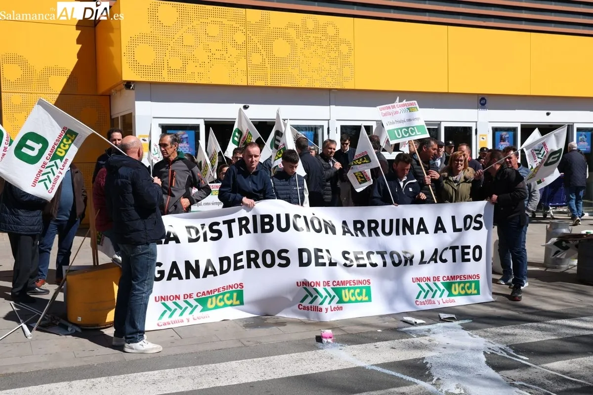 Protesta de los ganaderos, convocados por UCCL, en el aparcamiento del hipermercado Carrefour de Salamanca. Foto de David Sañudo