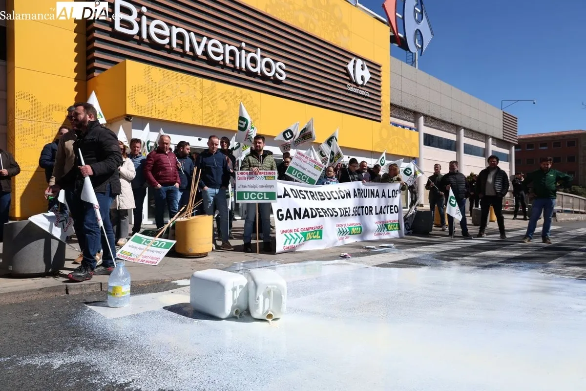 Protesta de los ganaderos, convocados por UCCL, en el aparcamiento del hipermercado Carrefour de Salamanca. Foto de David Sañudo