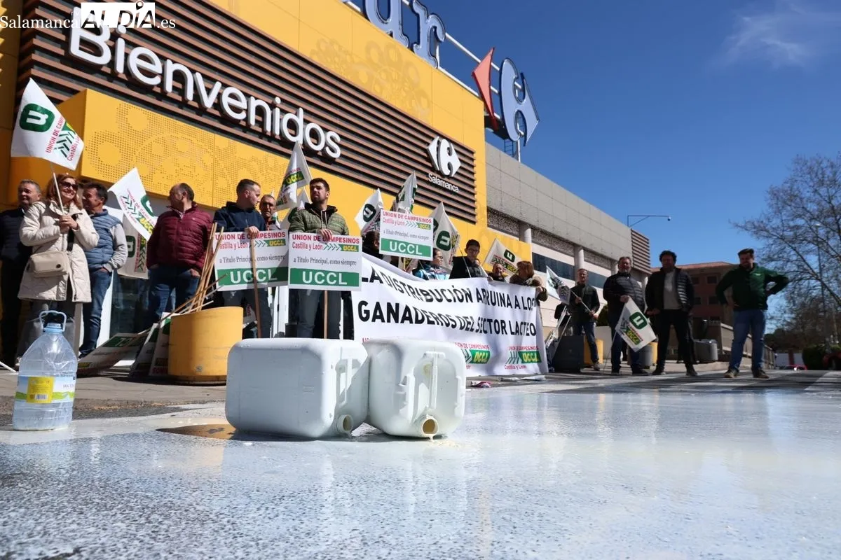 Protesta de los ganaderos, convocados por UCCL, en el aparcamiento del hipermercado Carrefour de Salamanca. Foto de David Sañudo