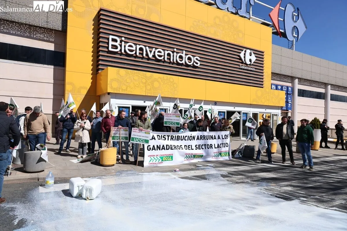 Protesta de los ganaderos, convocados por UCCL, en el aparcamiento del hipermercado Carrefour de Salamanca. Foto de David Sañudo