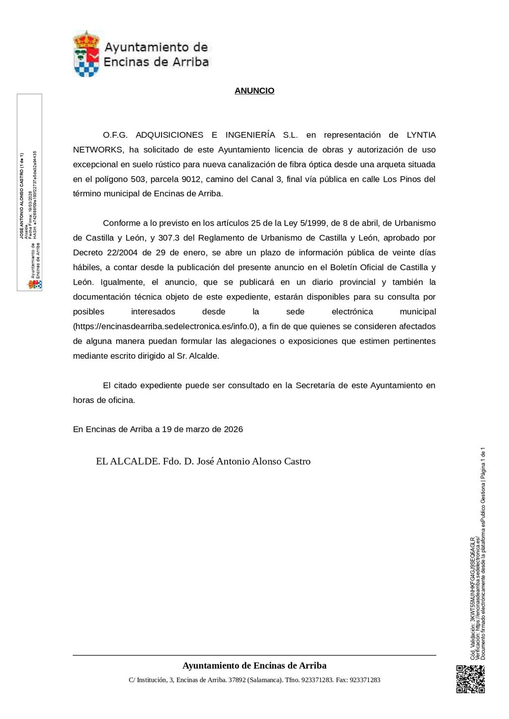 Anuncio Ayuntamiento de Encinas de Arriba