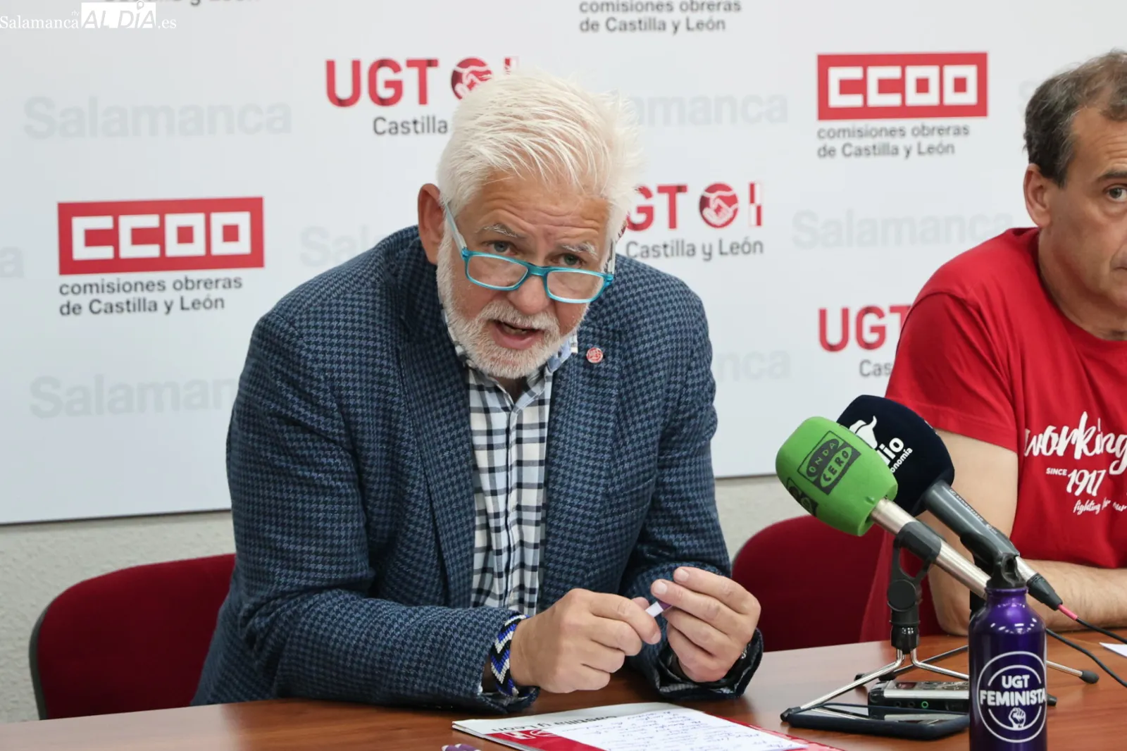 Rueda de prensa de los secretarios provinciales de UGT y CCOO, Marcelino Muñoz y José Fernando Luengo. Foto de David Sañudo