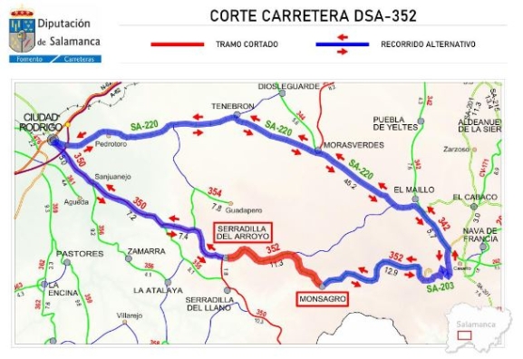 Corte de la DSA-352 entre Serradilla y Monsagro por obras