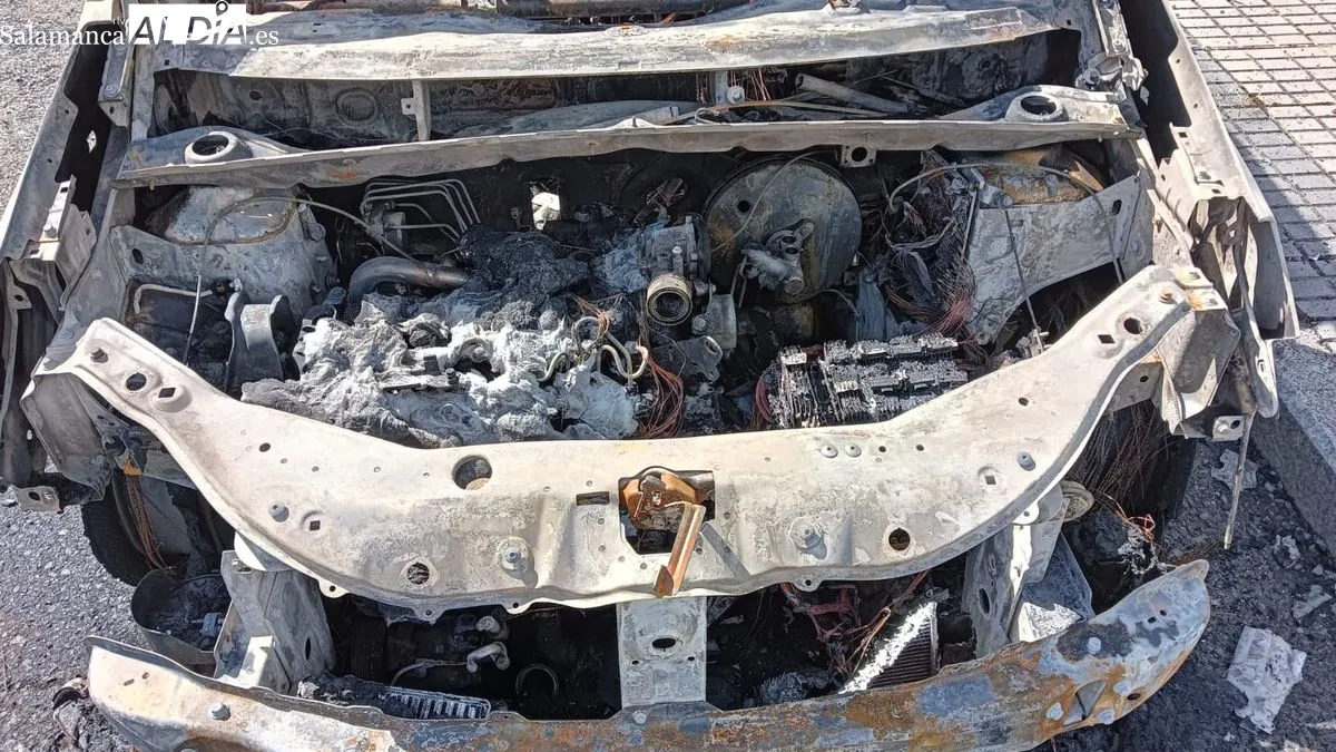 Imágenes del coche calcinado esta madrugada en la calle Bergancianos del barrio Puente Ladrillo. Fotos: Toni Sánchez